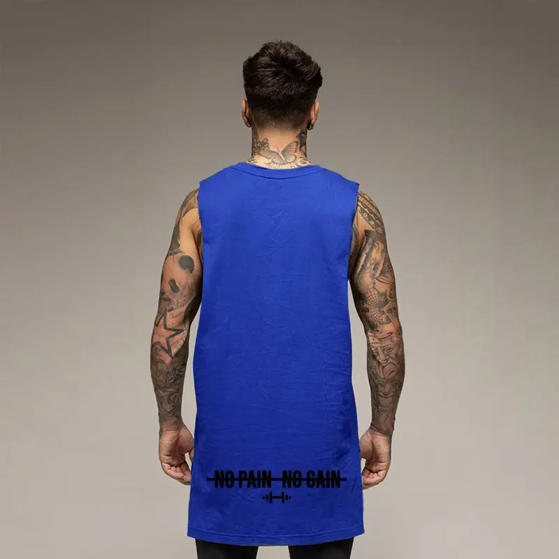 Men's Blue Sleeveless T-Shirt European American Plus Long Hip - Image 5
