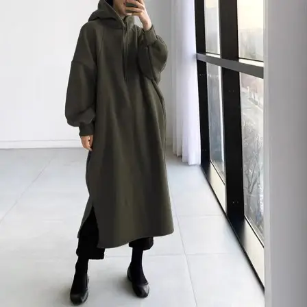 2023 Grey Fleece Long Turtleneck Coat Medium Long
