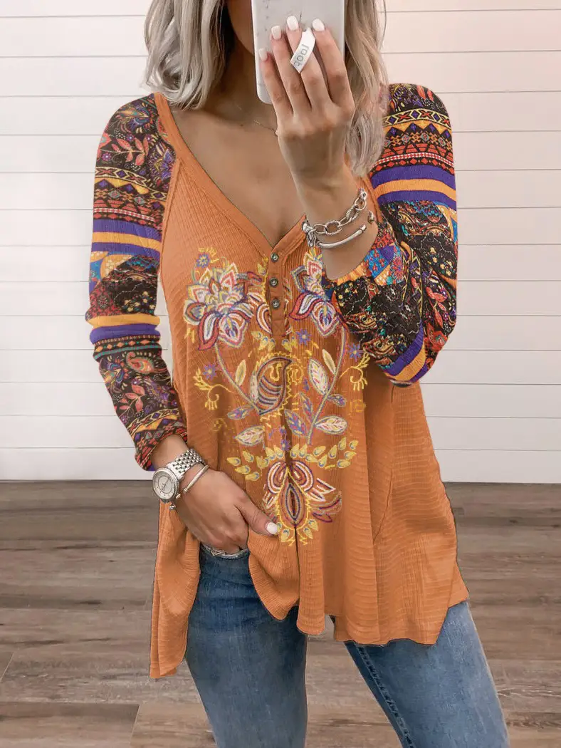 2022 V Neck Printed Long Sleeve Women's T-Shirt Blue - Image 3