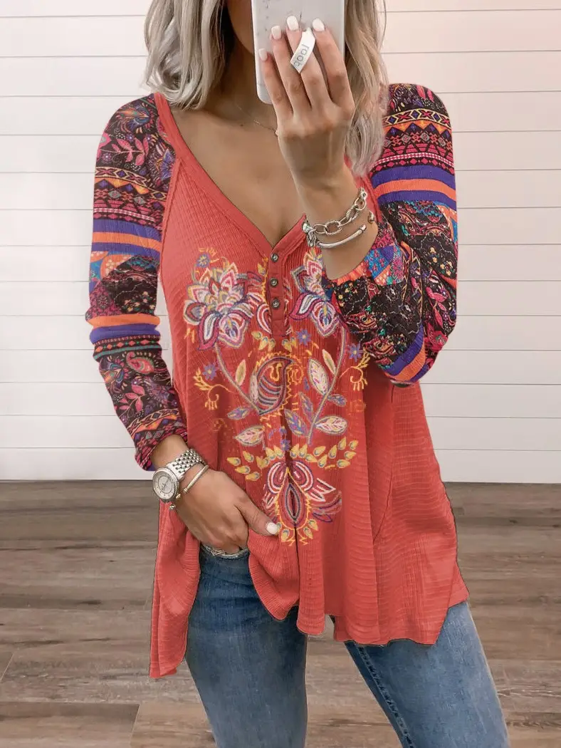 2022 V Neck Printed Long Sleeve Women's T-Shirt Blue - Image 6