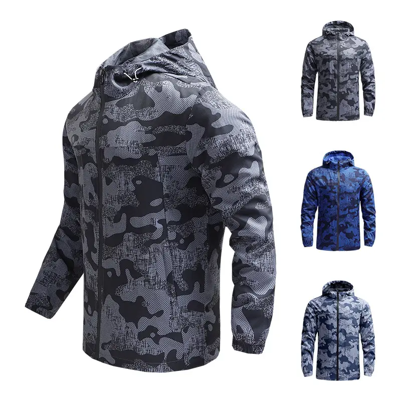 Men's Grey Camo Windbreaker Jacket Spring Autumn Lightweight Outdoor Wear - Image 5