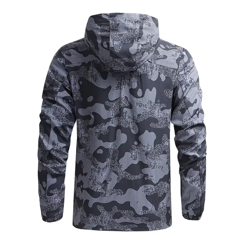 Men's Grey Camo Windbreaker Jacket Spring Autumn Lightweight Outdoor Wear - Image 6