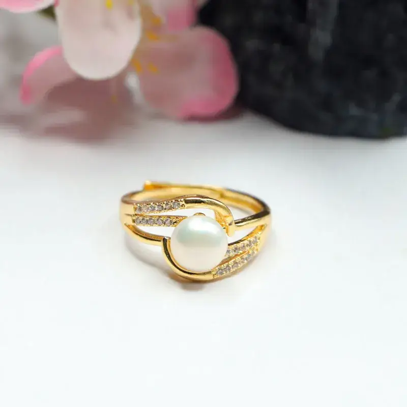Guan Yu Freshwater Pearl Ring Angel Wings Gold High Luster — feature 4