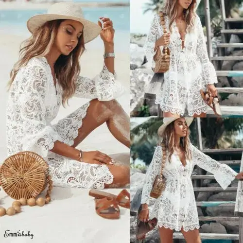 White Lace Long Sleeve Beach Skirt Set for Women - Image 3