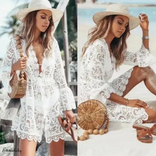White Lace Long Sleeve Beach Skirt Set for Women - Image 4