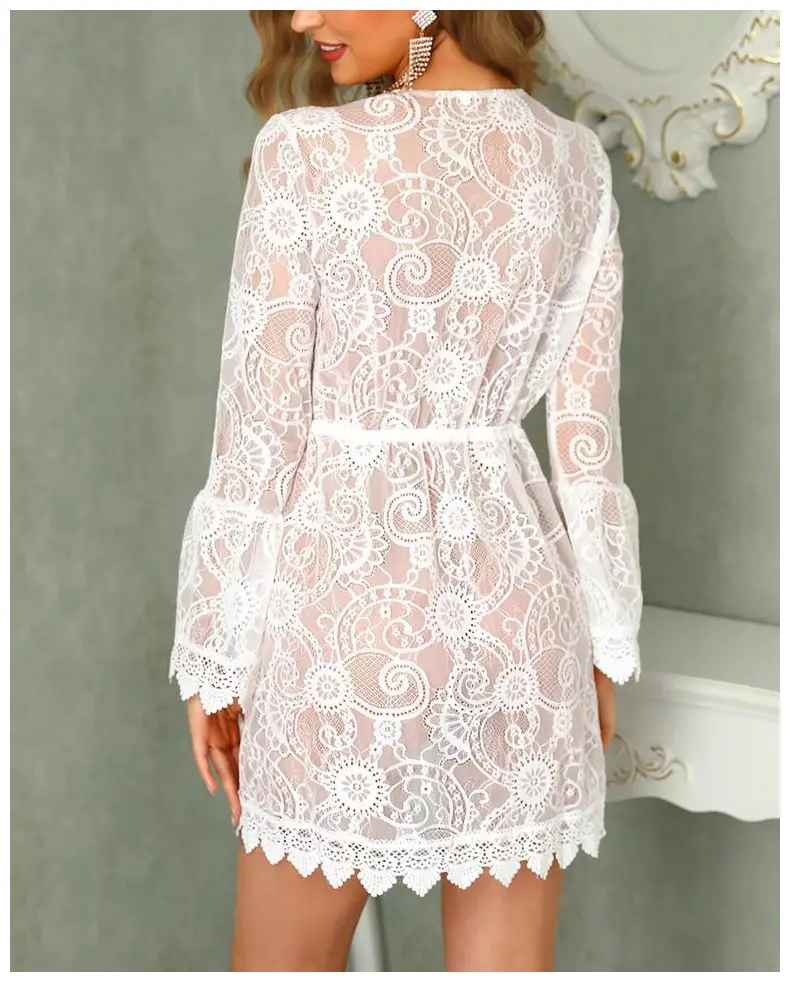 White Lace Long Sleeve Beach Skirt Set for Women — feature 12