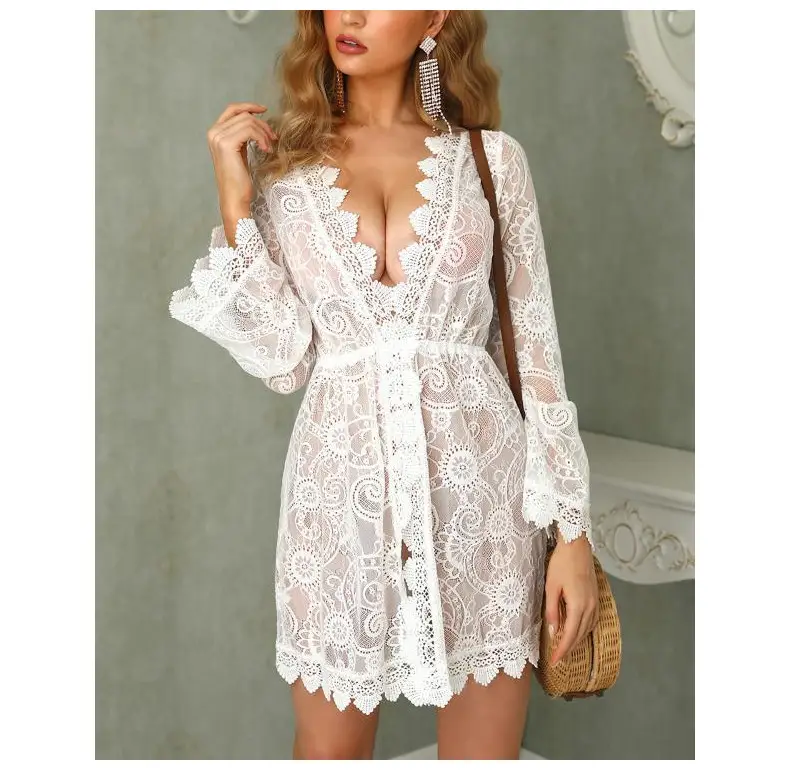 White Lace Long Sleeve Beach Skirt Set for Women — feature 9