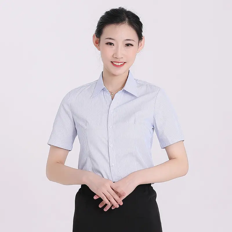 Women's White Short Sleeve Shirt with Blue Stripe Bank Work Design Large - Image 7