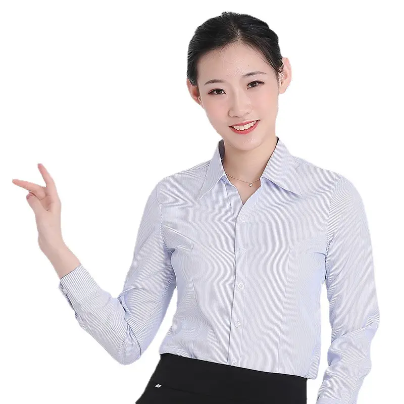 Women's White Short Sleeve Shirt with Blue Stripe Bank Work Design Large - Image 8