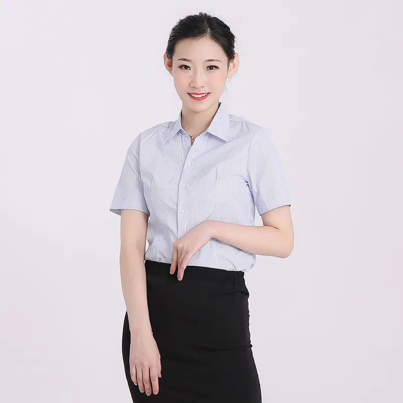 Women's White Short Sleeve Shirt with Blue Stripe Bank Work Design Large - Image 2