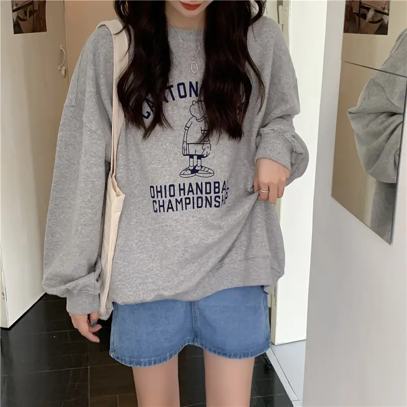 Women Long Sleeve Grey Sweatshirt with Graphic Print — feature 48