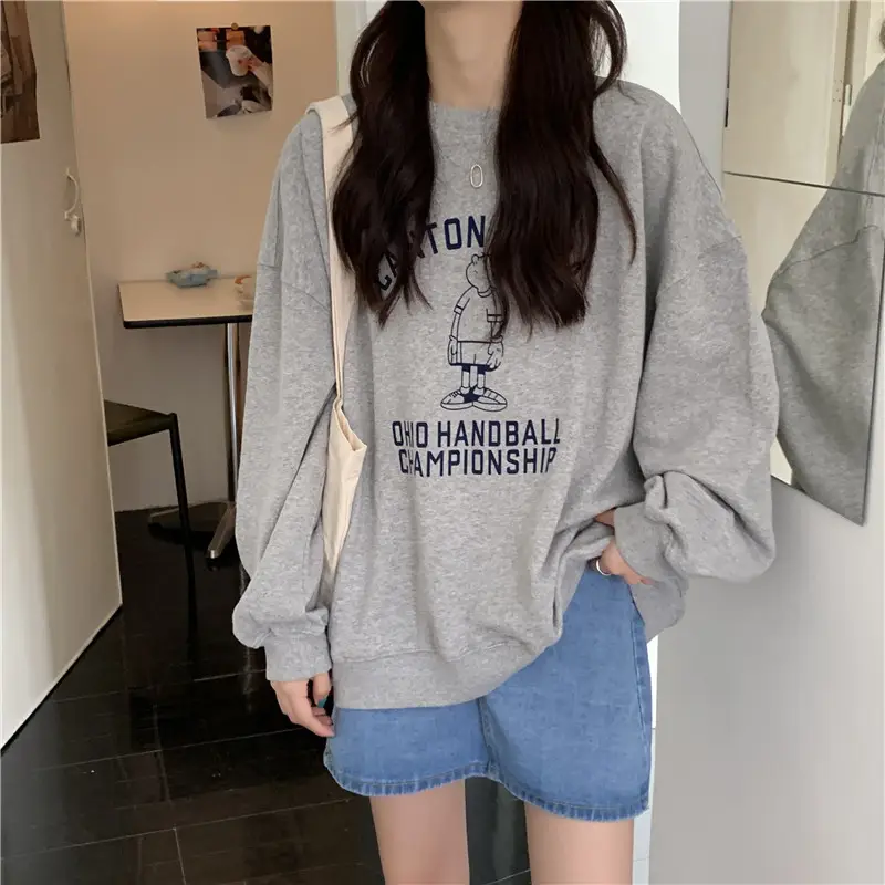 Women Long Sleeve Grey Sweatshirt with Graphic Print — feature 50