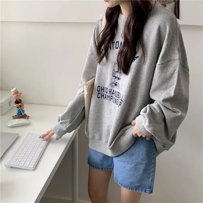 Women Long Sleeve Grey Sweatshirt with Graphic Print — feature 52