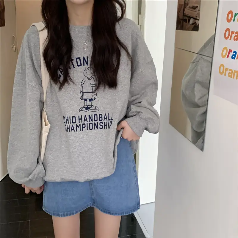 Women Long Sleeve Grey Sweatshirt with Graphic Print — feature 54