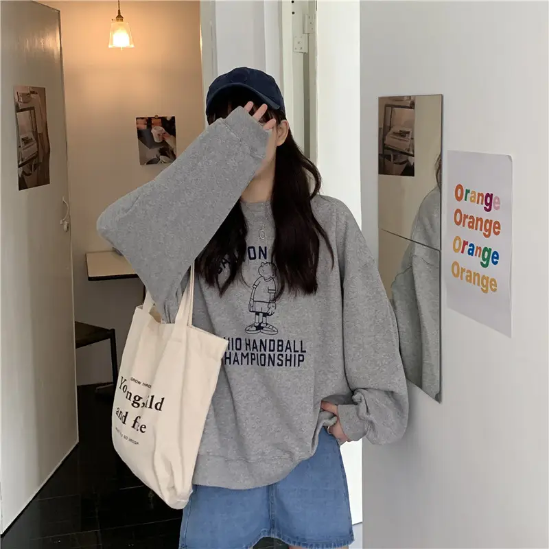 Women Long Sleeve Grey Sweatshirt with Graphic Print — feature 56