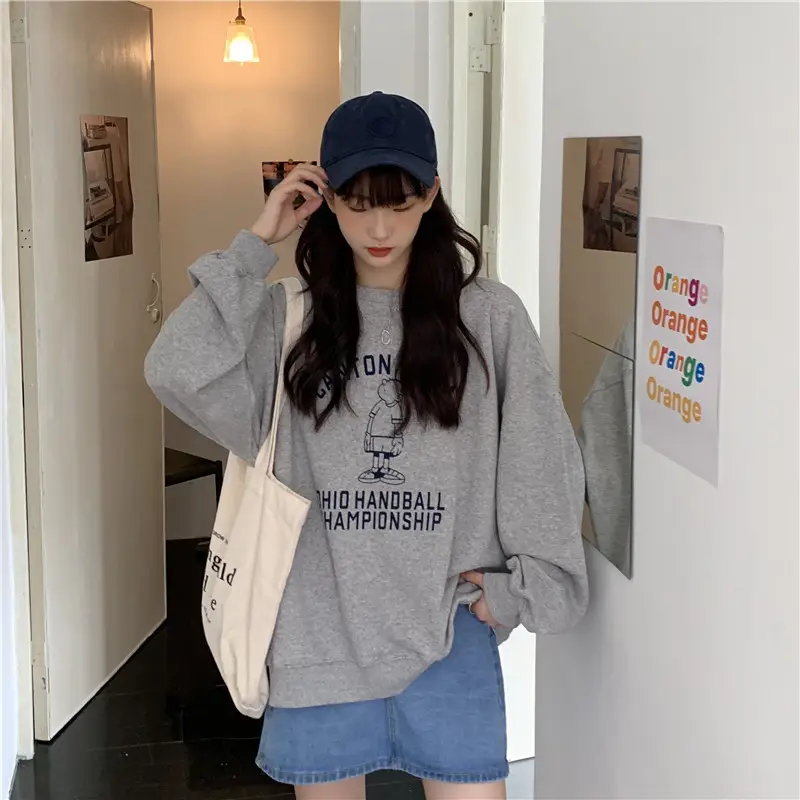 Women Long Sleeve Grey Sweatshirt with Graphic Print — feature 58