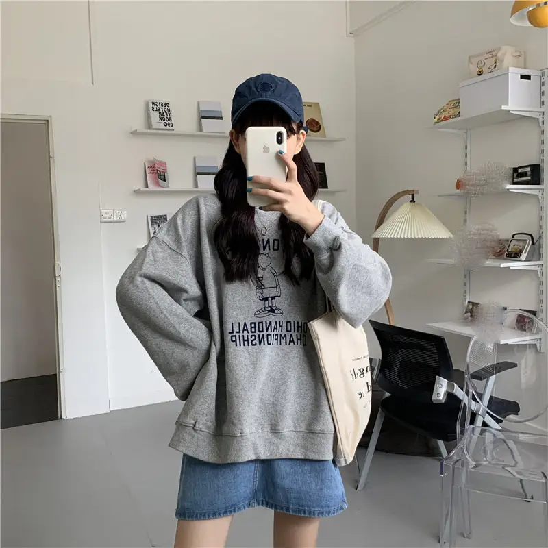 Women Long Sleeve Grey Sweatshirt with Graphic Print — feature 60