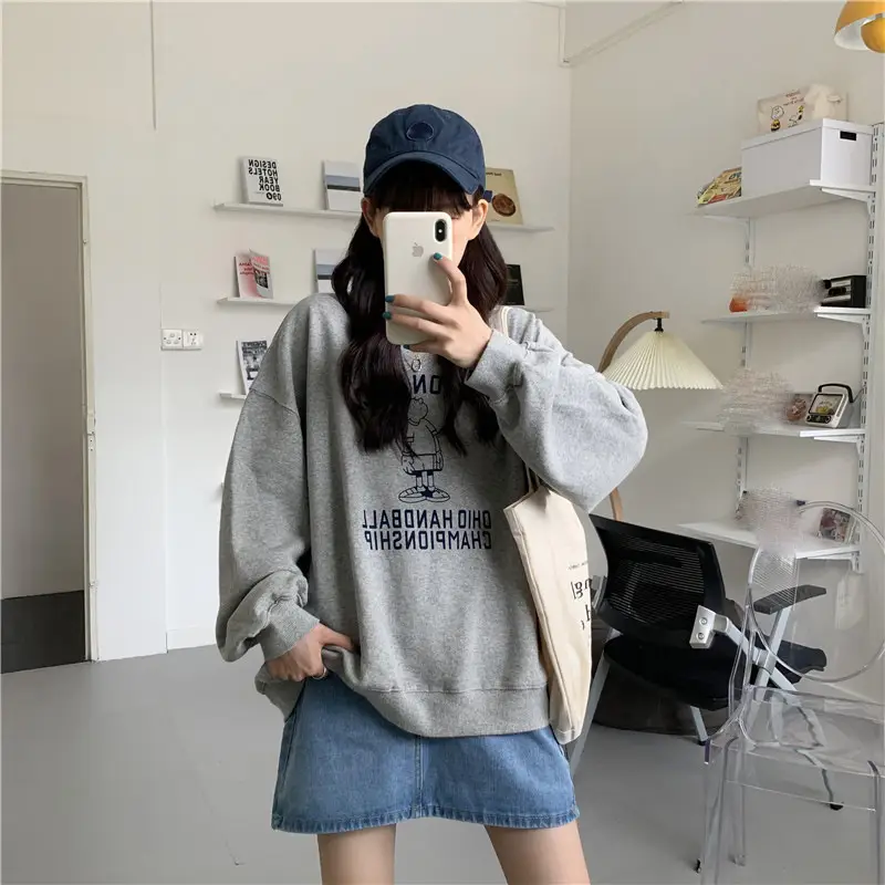 Women Long Sleeve Grey Sweatshirt with Graphic Print — feature 62
