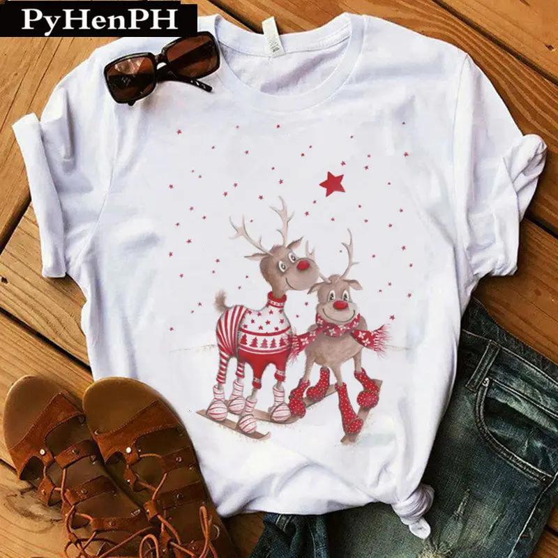 Merry Christmas Elk T-Shirt Women Short Sleeve - Image 16