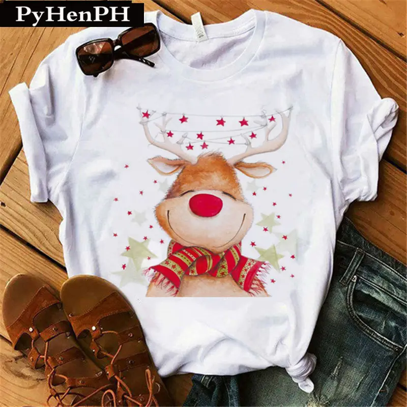 Merry Christmas Elk T-Shirt Women Short Sleeve - Image 21