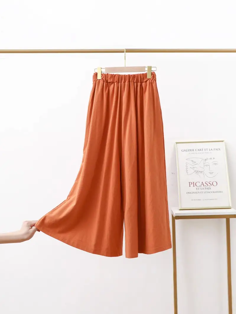 Women Cotton Linen Wide Leg Pants Green Large - Image 14