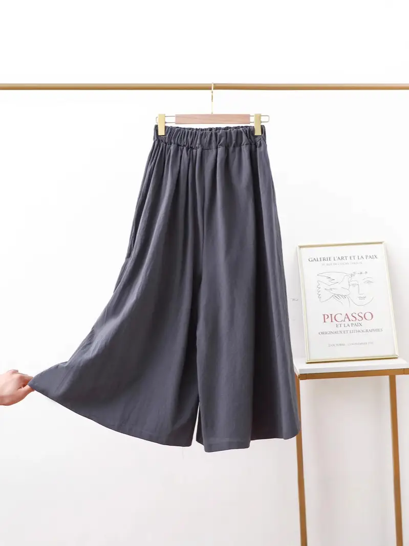 Women Cotton Linen Wide Leg Pants Green Large - Image 15