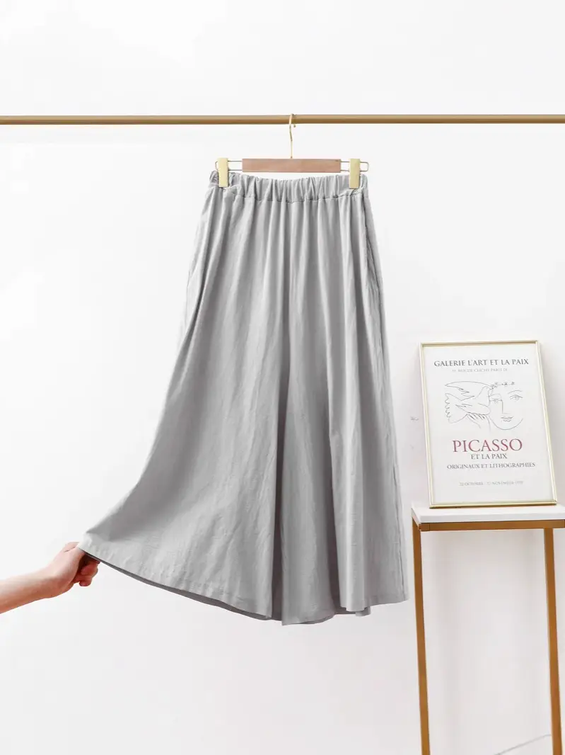 Women Cotton Linen Wide Leg Pants Green Large - Image 16
