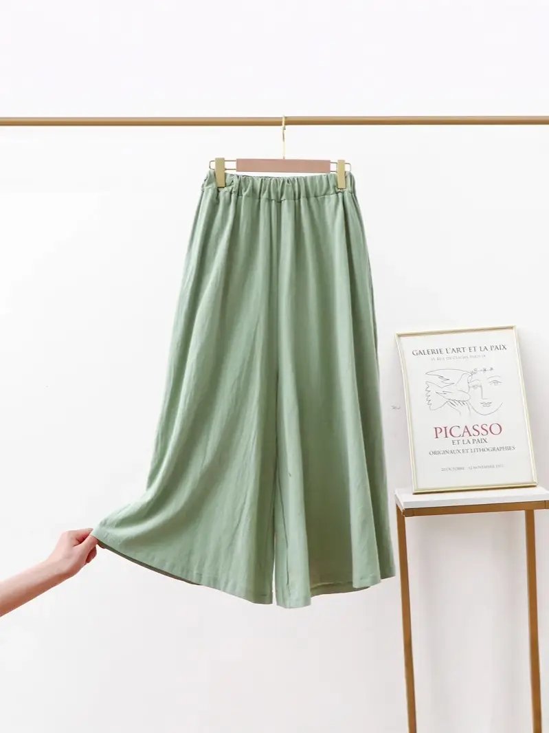 Women Cotton Linen Wide Leg Pants Green Large - Image 17