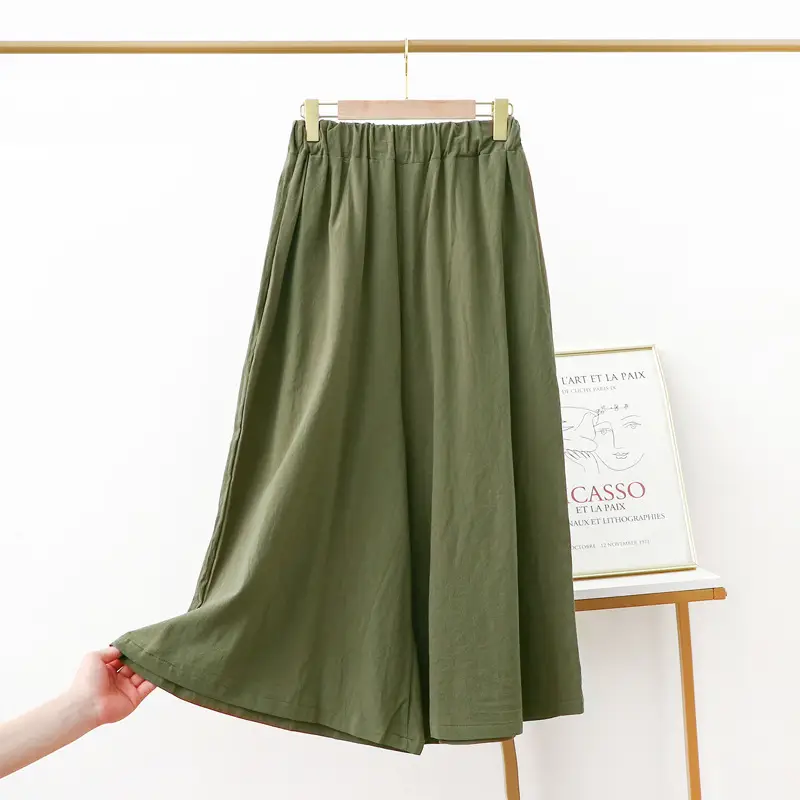 Women Cotton Linen Wide Leg Pants Green Large - Image 10