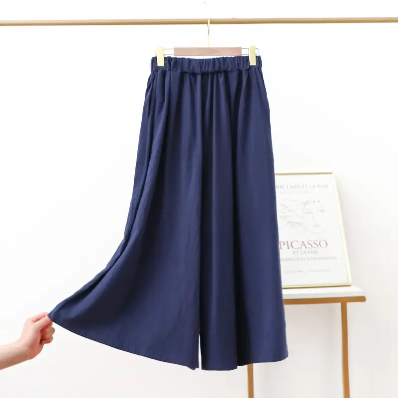 Women Cotton Linen Wide Leg Pants Green Large - Image 11