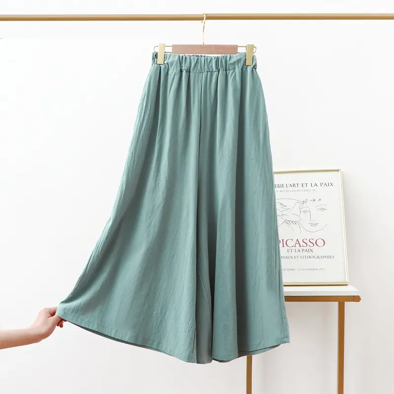 Women Cotton Linen Wide Leg Pants Green Large - Image 12