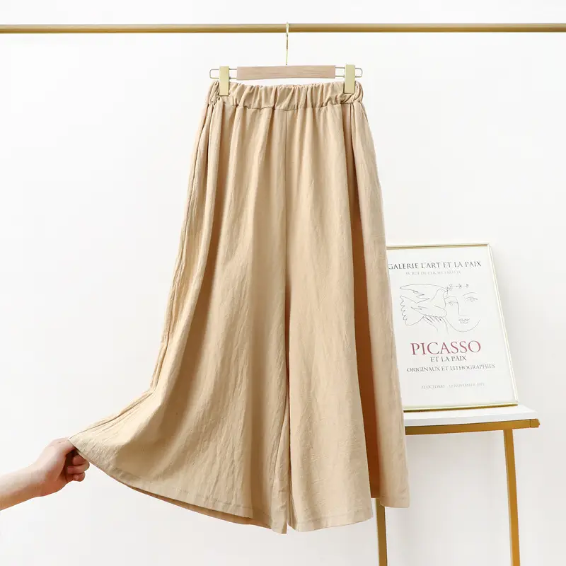 Women Cotton Linen Wide Leg Pants Green Large - Image 2