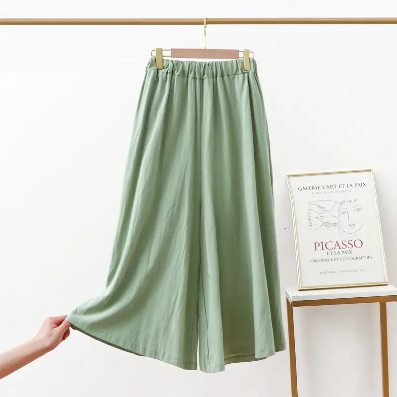 Women Cotton Linen Wide Leg Pants Green Large - Image 3