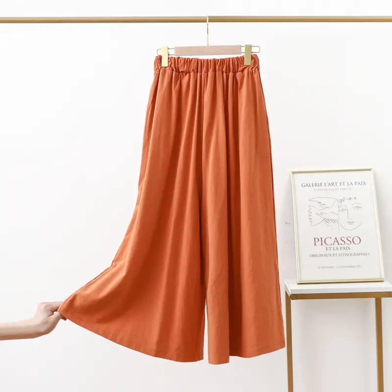 Women Cotton Linen Wide Leg Pants Green Large - Image 4