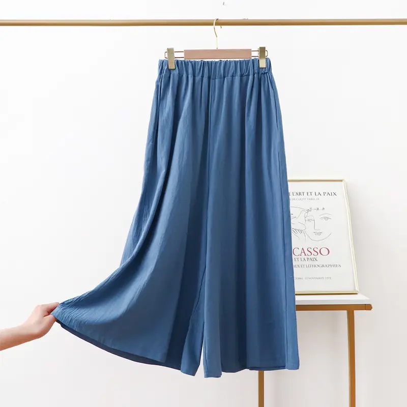 Women Cotton Linen Wide Leg Pants Green Large - Image 5