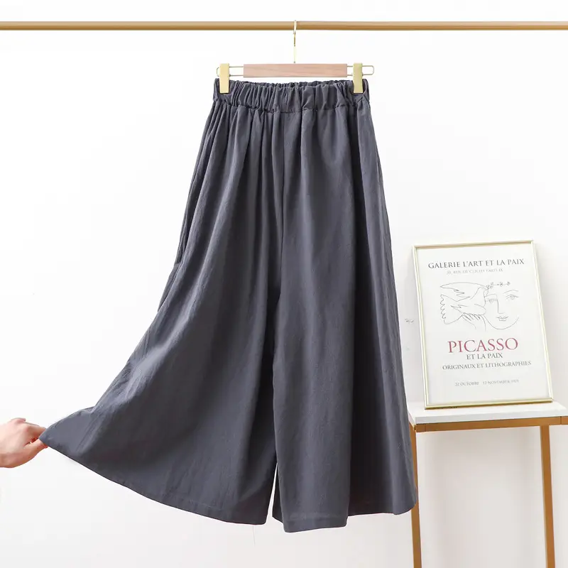 Women Cotton Linen Wide Leg Pants Green Large - Image 6