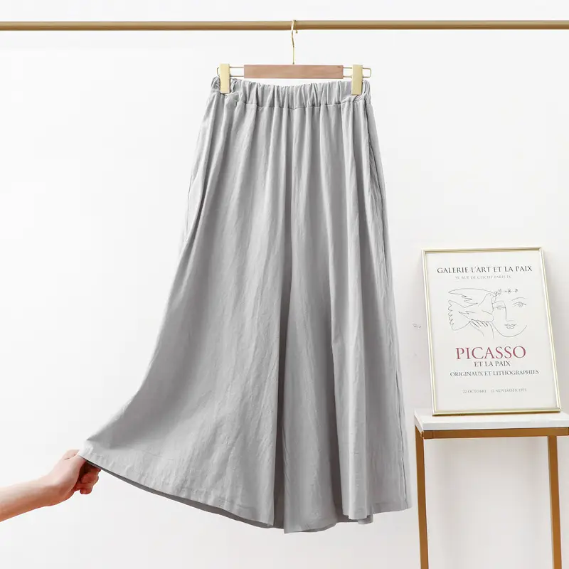 Women Cotton Linen Wide Leg Pants Green Large - Image 7