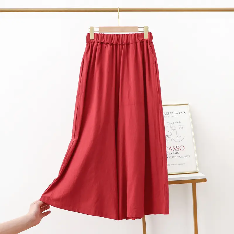 Women Cotton Linen Wide Leg Pants Green Large - Image 8