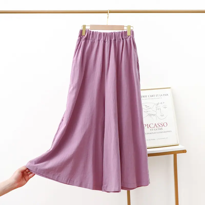 Women Cotton Linen Wide Leg Pants Green Large - Image 9