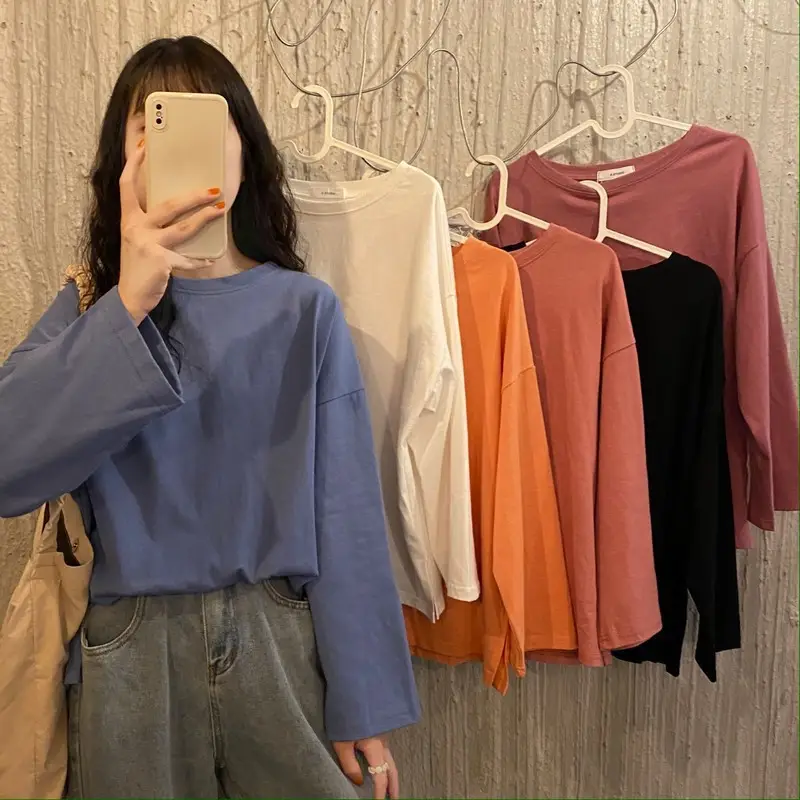 Women Long Sleeve T-Shirt Rose Pink Loose Sweet Style