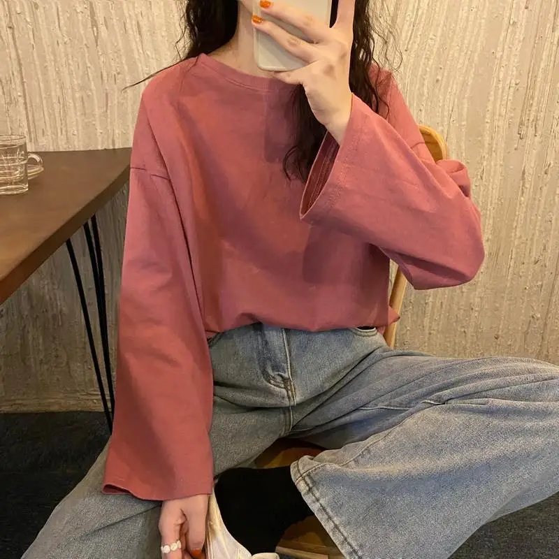 Women Long Sleeve T-Shirt Rose Pink Loose Sweet Style