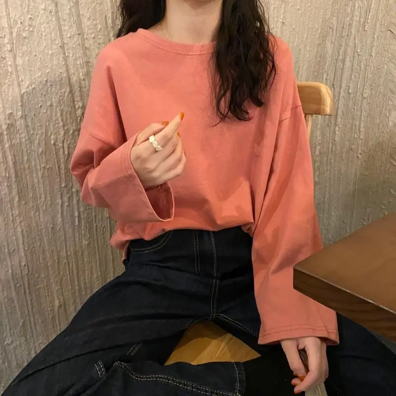 Women Long Sleeve T-Shirt Rose Pink Loose Sweet Style