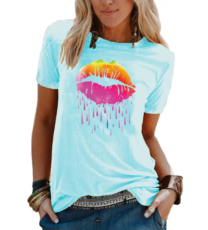 Women's 2021 Colorful Watercolor T-Shirt with Droplet Design - Image 16