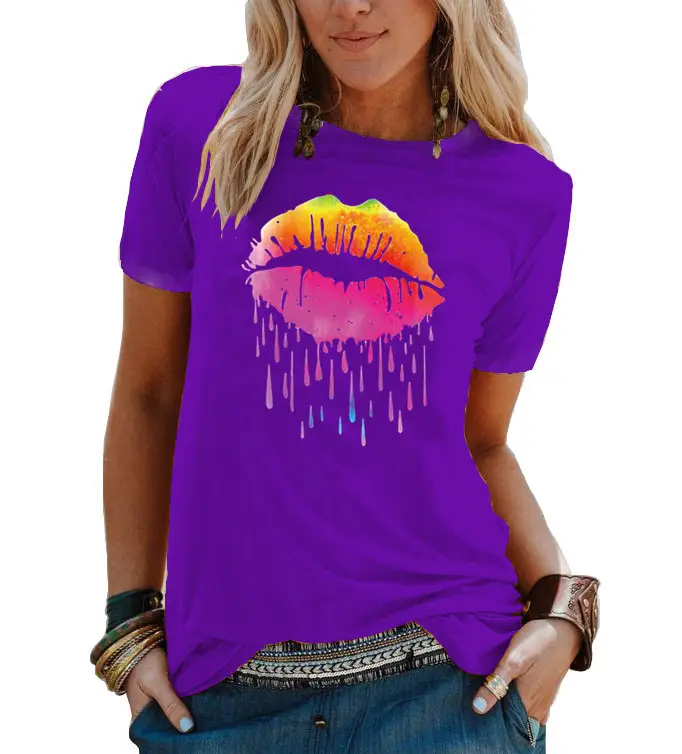 Women's 2021 Colorful Watercolor T-Shirt with Droplet Design - Image 3
