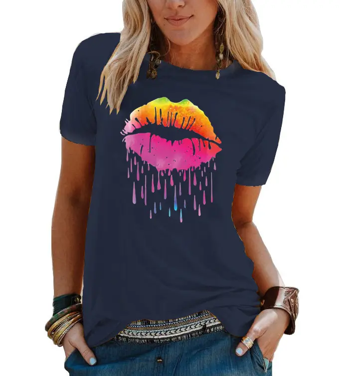 Women's 2021 Colorful Watercolor T-Shirt with Droplet Design - Image 9