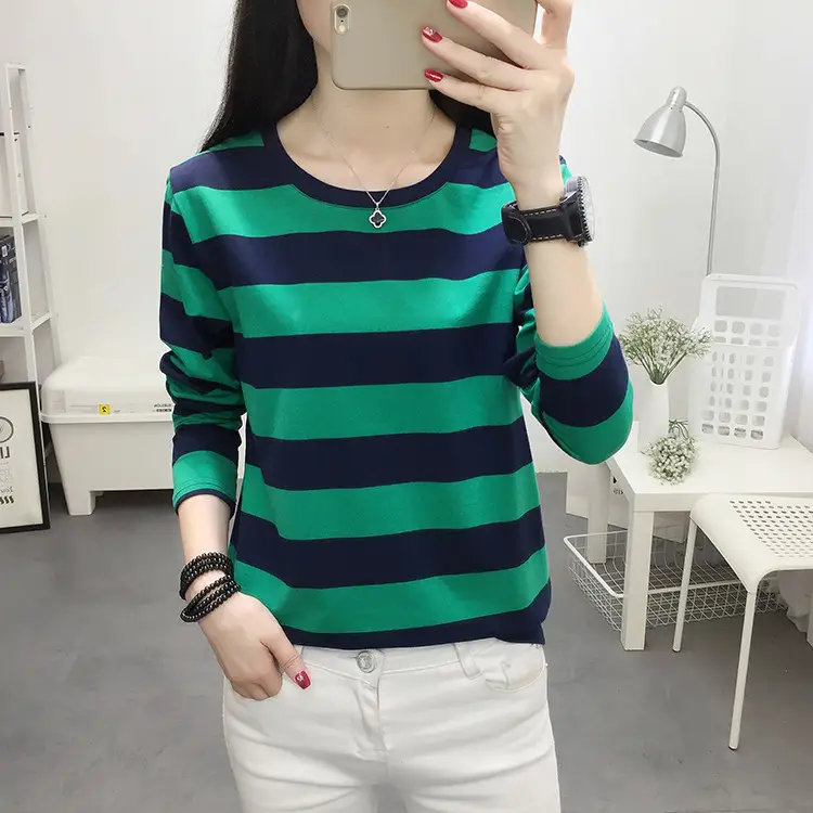 Women Striped Long Sleeve T-Shirt Plus Size Brown Beige - Image 25