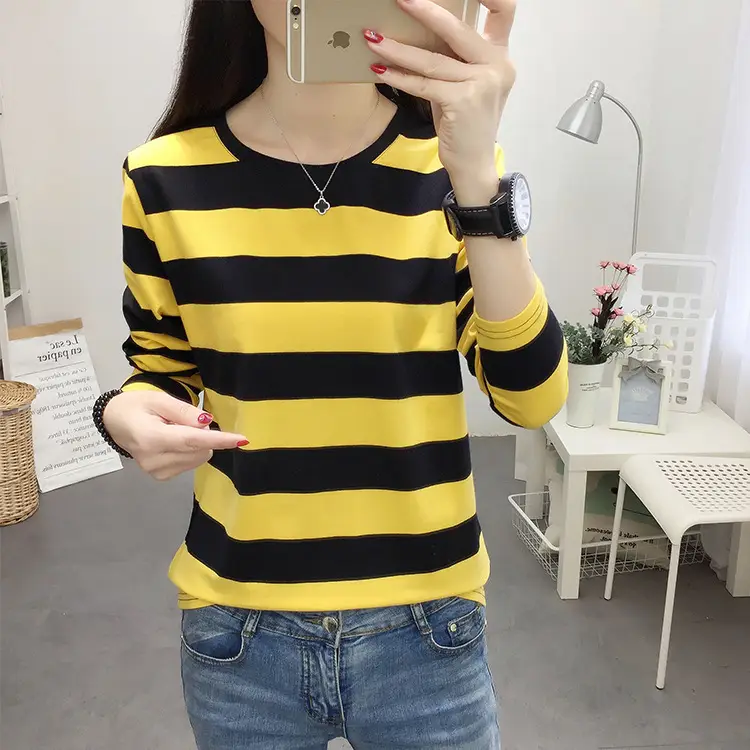 Women Striped Long Sleeve T-Shirt Plus Size Brown Beige - Image 26