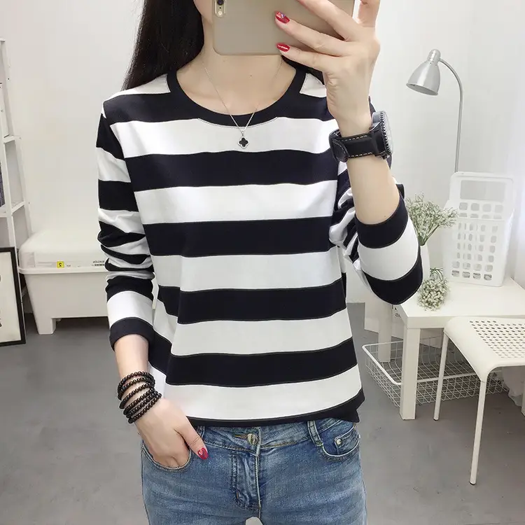 Women Striped Long Sleeve T-Shirt Plus Size Brown Beige - Image 27