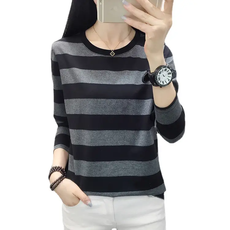 Women Striped Long Sleeve T-Shirt Plus Size Brown Beige - Image 28