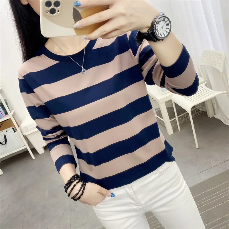 Women Striped Long Sleeve T-Shirt Plus Size Brown Beige - Image 10